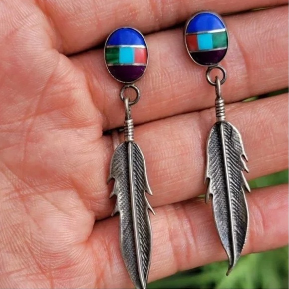 Native American 925 Silver Inlay Feather Earrings - ONE - Picture 1 of 6